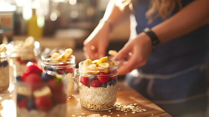 Nutritious Culinary Creation: A close-up shot captures a woman meticulously arranging vibrant fruit atop a jar, which contains oatmeal, embodying the essence of healthy eating and the culinary arts. 