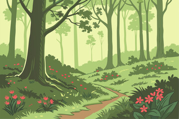 A painting of a forest with a variety of flowers and trees 
