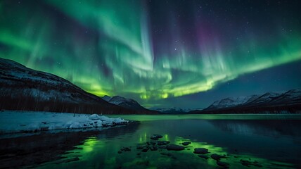 Majestic aurora borealis over a frozen lake at night.