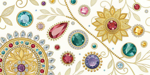 Ornate gemstone pattern with gold filigree, colorful jewels, and intricate floral motifs, creating luxurious and elegant decorative design