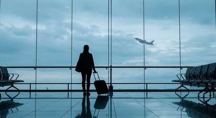 AI image featuring a lone traveler silhouette with luggage watching an airplane take off through large airport terminal windows