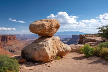 Balanced Rock Formation in Desert Landscape with Canyons and Blue Sky