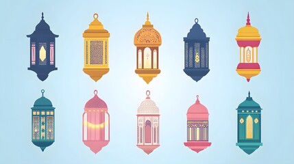 Fototapeta premium Collection of Colorful Islamic Lanterns Festive Ramadan Decorations