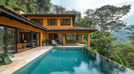 Panoramic view of a luxurious villa with infinity pool nestled amidst lush greenery