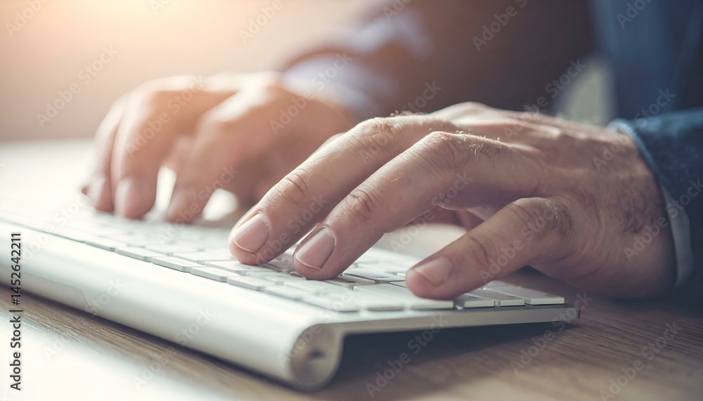 Poster close-up of hands typing on a white keyboard. man working on computer. business concept.