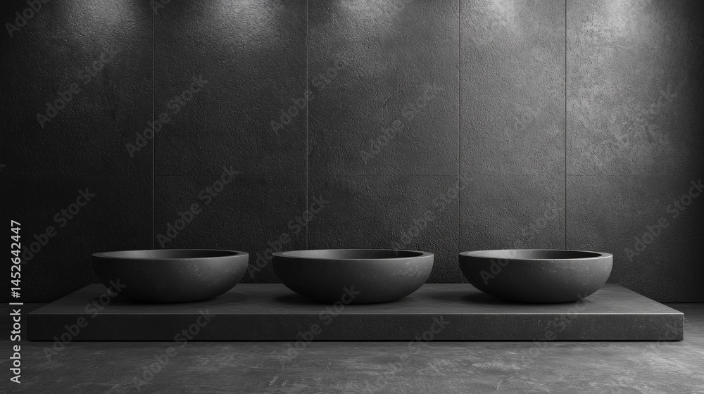 Poster Three refined textured bowls sit on a smooth minimal podium in a modern space. The backdrop is dark and understated, creating an elegant aesthetic suitable for showcasing design
