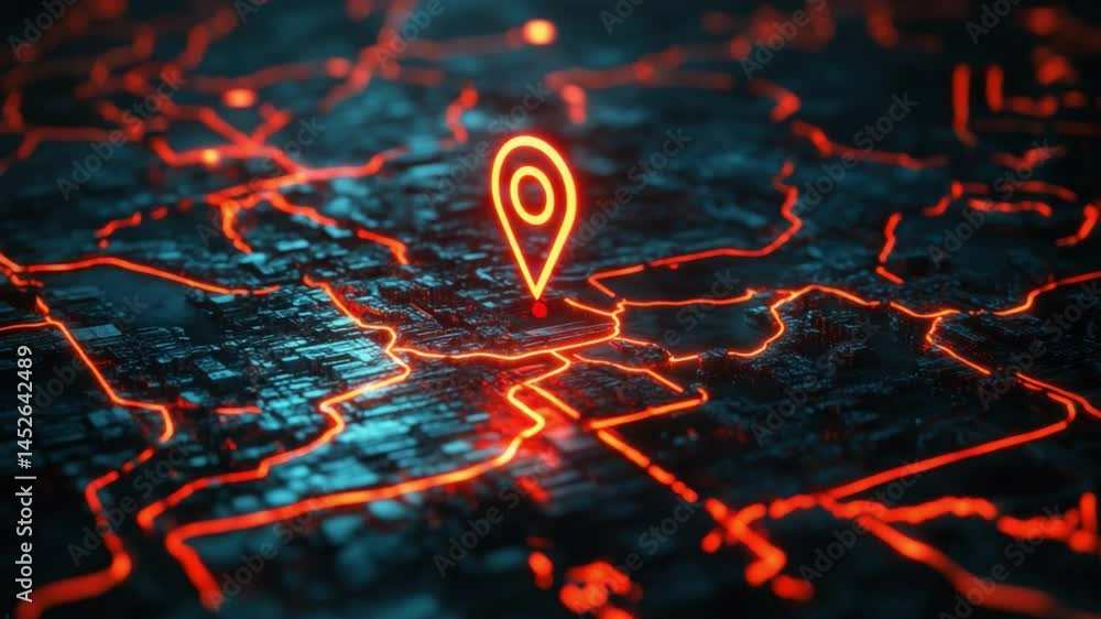 Poster digital map with neon location pin highlighting specific area on futuristic background