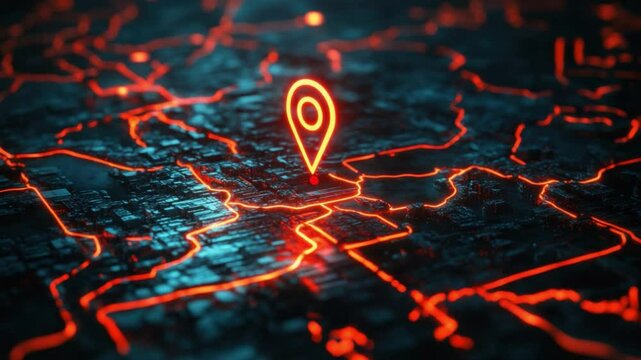 Digital Map with Neon Location Pin Highlighting Specific Area on Futuristic Background