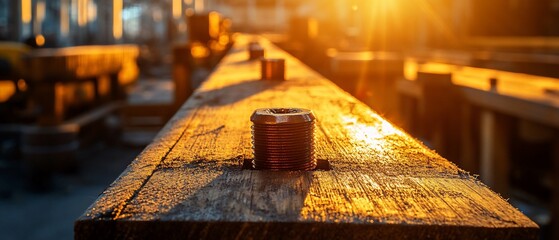 Naklejka premium Metal nut anchored on weathered lumber glowing warm