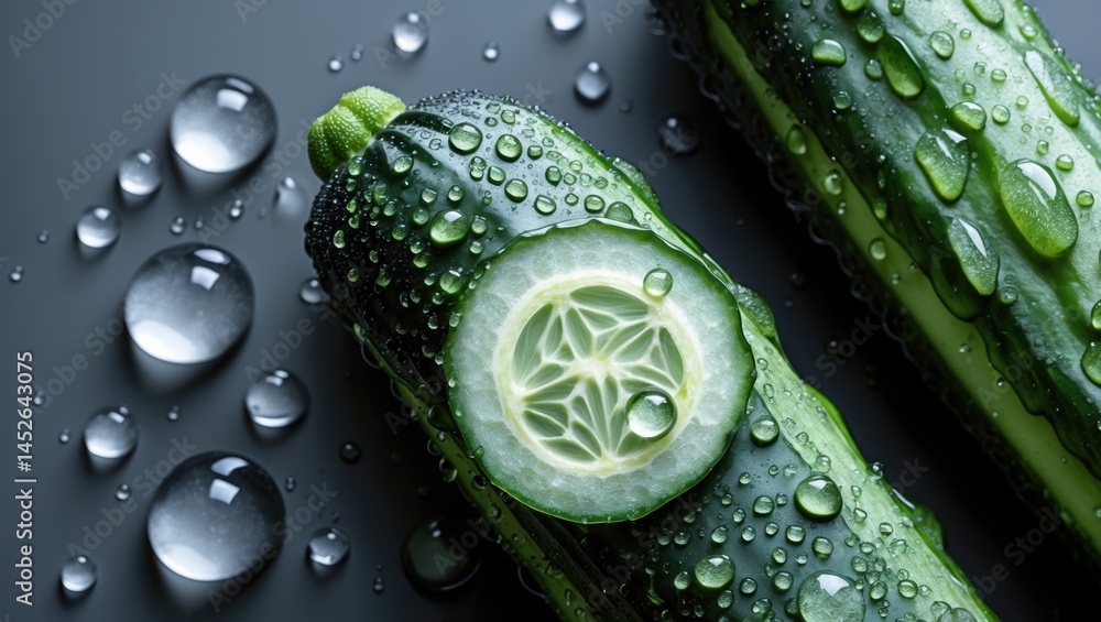 Poster fresh cucumbers with droplets of water on a dark surface, showcasing sliced cucumber highlighting it