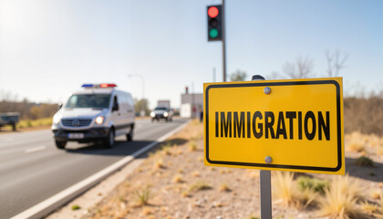 Immigration sign with police vehicle passing on a sunny day  