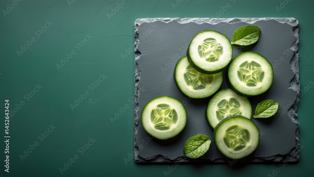 Poster fresh green cucumber slices placed on a dark slate board with mint leaves, creating a refreshing vis