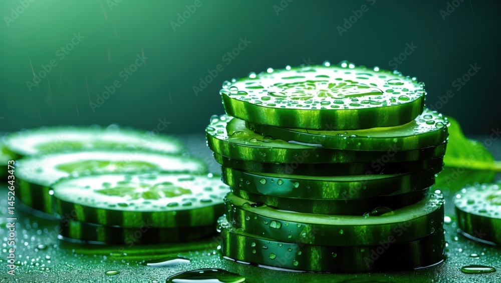 Poster fresh, green cucumber slices stacked on a dark surface with water droplets, evoking a refreshing and