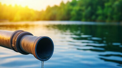 Aquaculture Sustainable Practices Concept, Drip Irrigation Systems for Water Saving in Aquaculture Environment with Sunset Reflection Over Water Surface