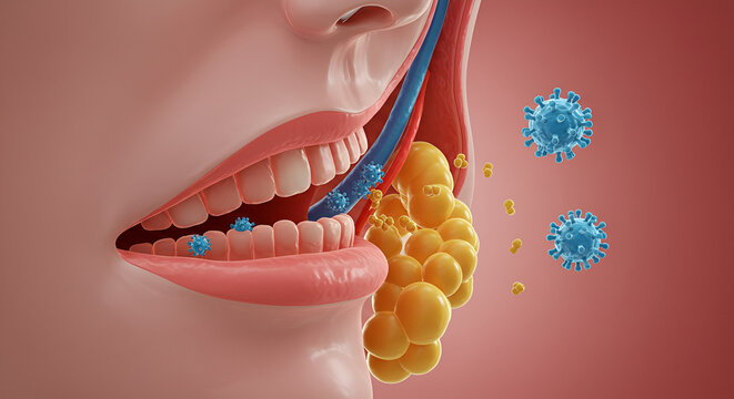Mumps Virus in Salivary Glands &ndash; Medical Illustration of Viral Gland Infection