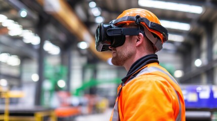 Worker in safety gear using virtual reality headset in industrial warehouse setting