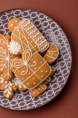Christmas winter gingerbread, holiday biscuits on monochrome background
