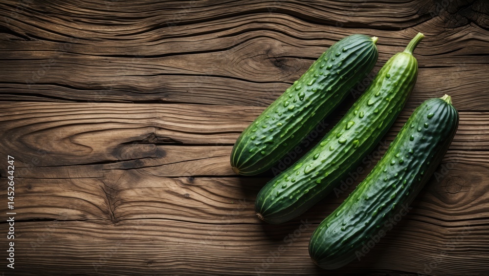 Poster fresh green cucumbers displayed on a rustic wooden surface highlighting their lush texture and color