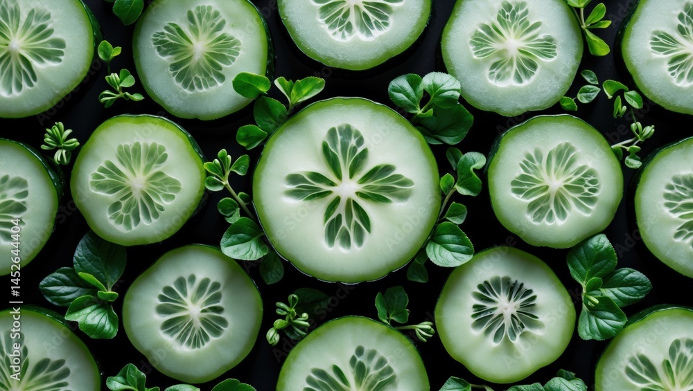 Poster close-up view of freshly sliced cucumbers surrounded by mint leaves on a dark background, showcasing