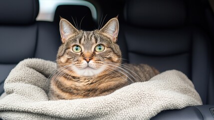 Cat Roadtrip Concept, Cat Comfortably Nestled in a Soft Blanket, Relaxing in a Cozy Environment