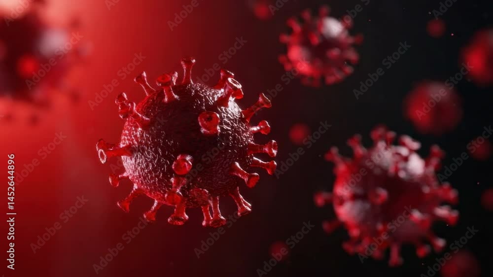 Poster close-up view of virus particles under microscope in red and black background for scientific and med