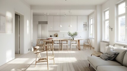 Fototapeta premium Minimalist Scandinavian interior featuring white cabinetry, wooden furniture, pendant lights, and large windows filling the open-plan kitchen and living space with sunlight