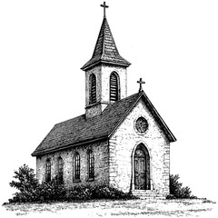 Vintage Stone Church, Small Traditional Chapel, Woodcut Style, Delicate Black Sketch, Old Engraving Illustration, Rustic Religious Architecture, Antique Church Drawing, line art, etching