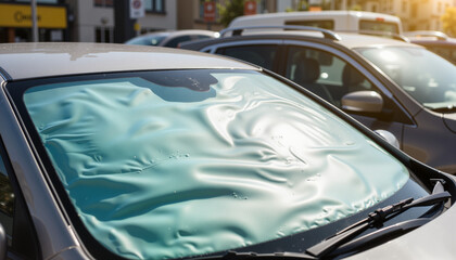 Car windshield sunshade protecting against sunlight in a parking lot  