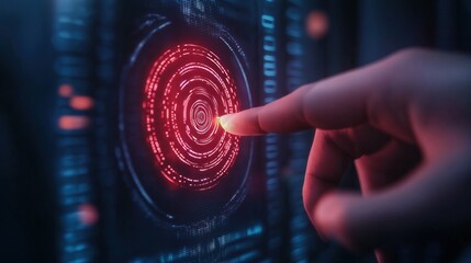 A person"s finger touches a glowing, red, futuristic touchscreen interface with circular digital patterns.