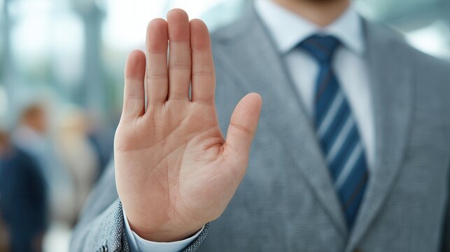 Hand pouring wheat grains harvest Businessman gesturing stop with raised hand in a professional setting.
