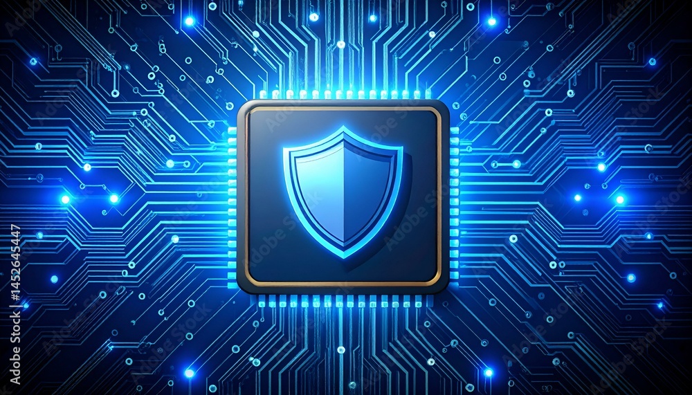 Poster digital shield on a glowing circuit board, symbolizing cybersecurity and data protection.