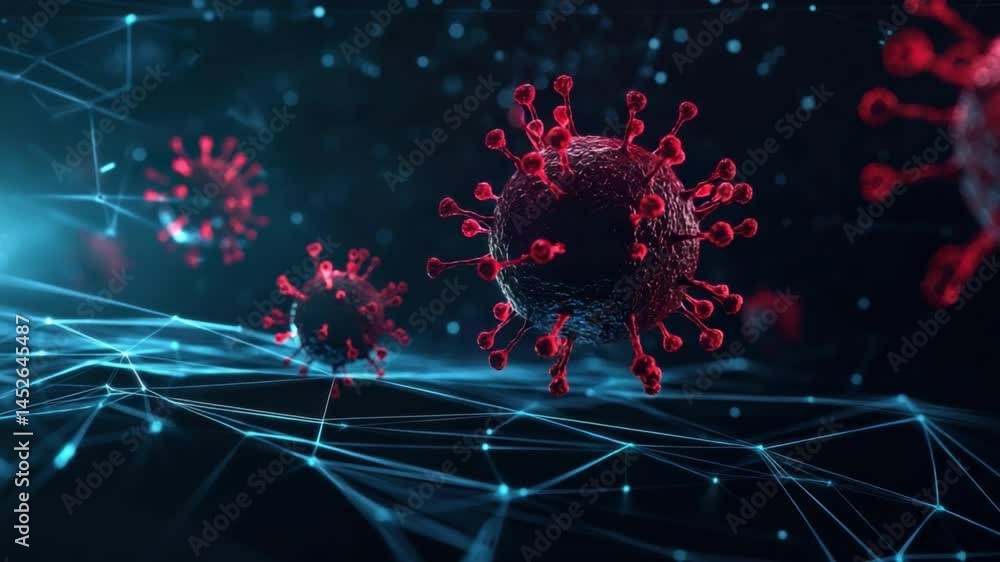 Poster abstract visualization of coronavirus particles surrounded by technological network connections and 