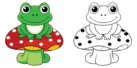 Fototapeta premium Coloring page of Cute Frog and Mushrooms Vector Illustration