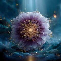 Ethereal Flower Blossom Surrounded by Celestial Light and Delicate Particles in Dreamy Atmosphere
