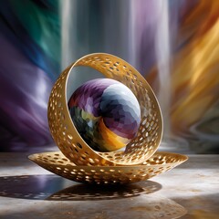 Modern Artistic Composition Featuring Colorful Sphere and Decorative Golden Rings on Abstract Background