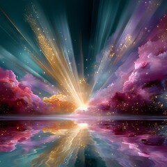 Ethereal Cosmic Landscape with Vibrant Clouds and Radiant Light Reflections on Serene Water Surface