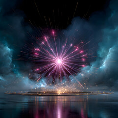 Vibrant Explosion of Colorful Light and Energy Emanating from a Mystical Lake Under Dramatic Clouds