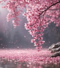 Fototapeta premium Mesmerizing pink sakura petal fall, soft focus background , design, falling, romantic
