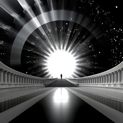 Surreal Journey Through a Grand Archway Leading to a Bright Ethereal Light in a Starry Environment