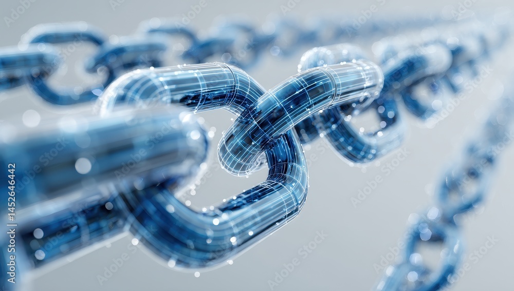 Poster abstract 3d render of a blue chain, interconnected links representing connection, network, or blockc