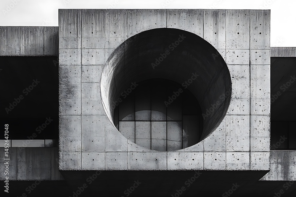 Poster architectural concrete facade with circular void monochrome minimalist building design modern urban 