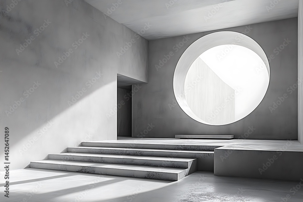 Poster minimalist interior with circular window and concrete steps architecture studio space serene modern 