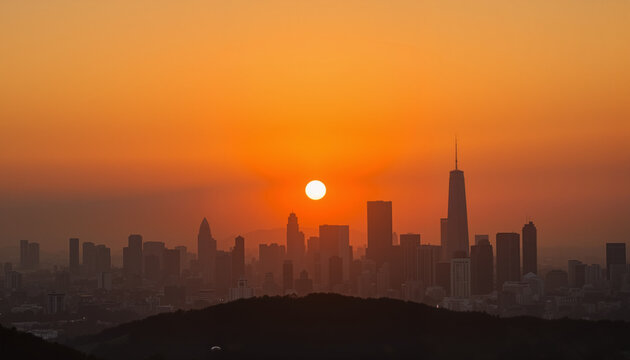 City skyline at sunset with silhouette buildings on horizon  