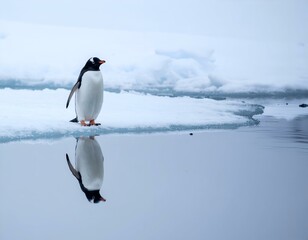 Obraz premium A Gentoo penguin stands on an icy shore, its reflection mirrored in the calm water. A serene, minimalist scene of Antarctic wildlife.