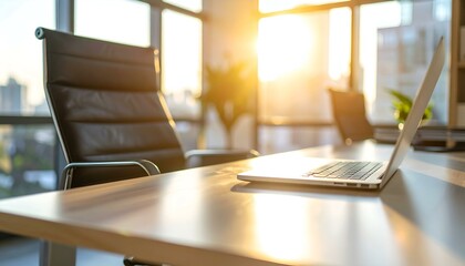 Sunlit modern office workspace with laptop and chairs. Ideal for business, technology, and lifestyle concepts.