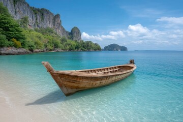 Naklejka premium Wooden Boat on Tropical Beach with Clear Water