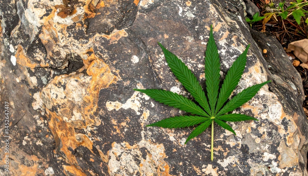 Aufkleber a single cannabis leaf rests on a textured rock. the contrasting colors and textures create a visual