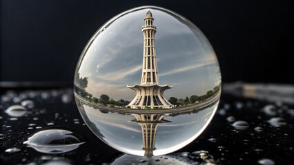 Minar e pakistan captured inside a glass ball with water droplets on a dark reflective surface