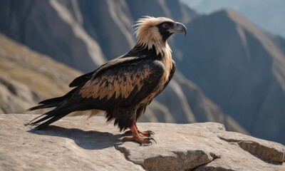 Fototapeta premium Majestic golden eagle perched on rocky cliff, showcasing its impressive wingspan and sharp beak, surrounded by breathtaking mountain landscape and clear blue sky