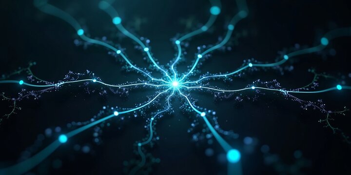 Abstract of digital artificial intelligence glowing neural networks, binary streams, and futuristic tech structures on a dark backdrop